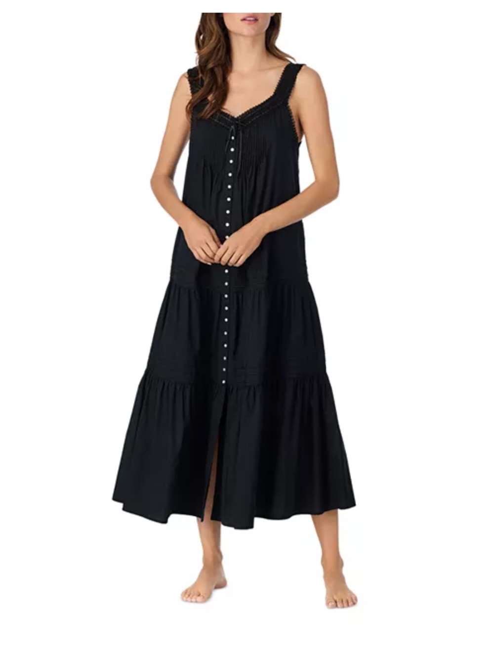 Eileen West Black Button-Front Maxi Dress with Crochet Trim